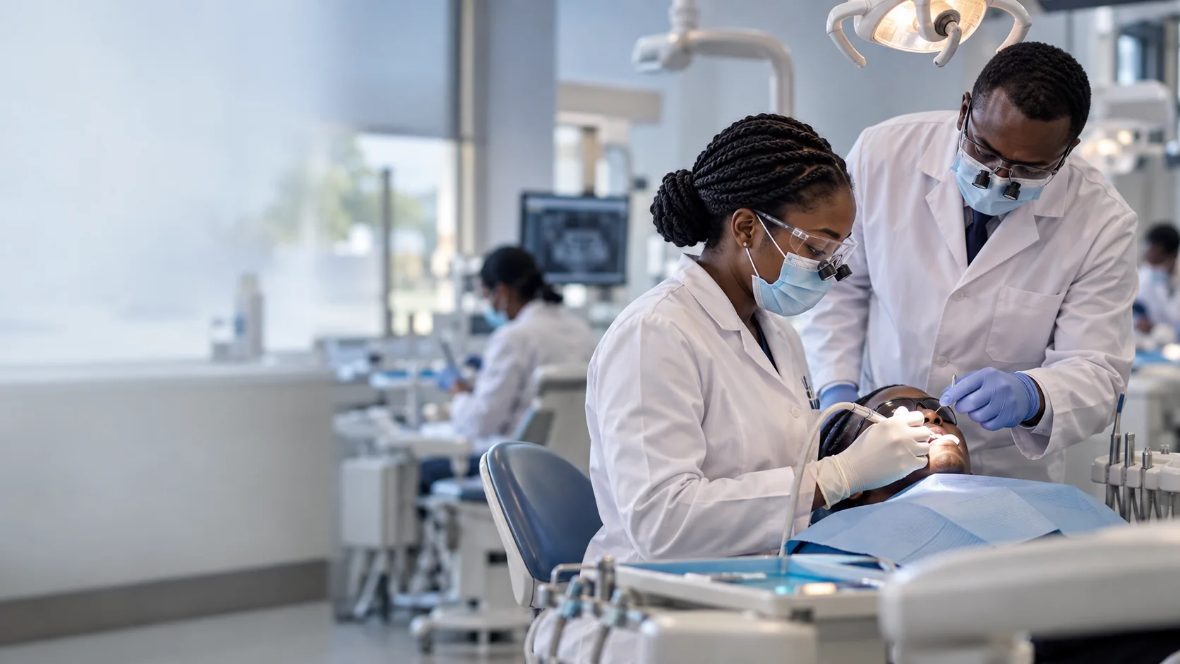 Dental professionals and student in clinical training